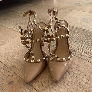 BCBG heels. Nude patent leather with gold studs.